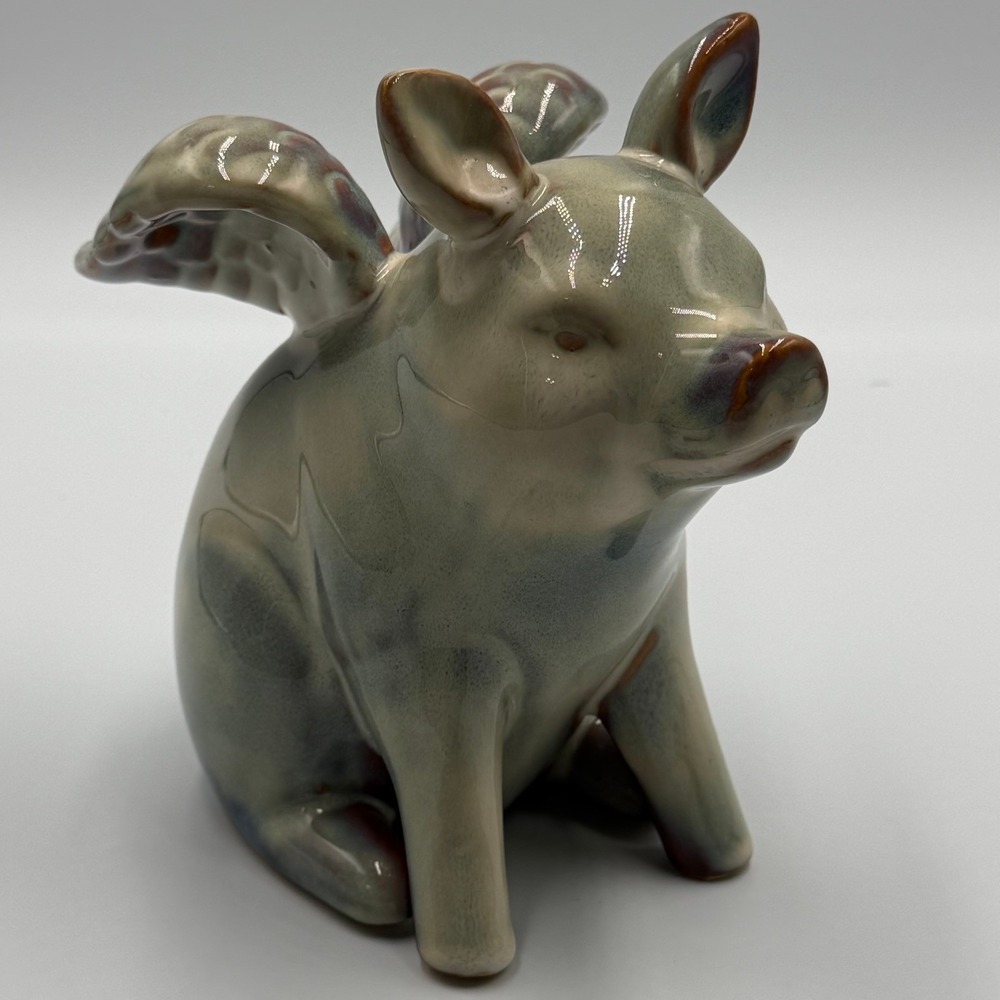 Ceramic Flying Pig Figurine Reactive Drip Glaze Blue Green Burgundy 6.5"